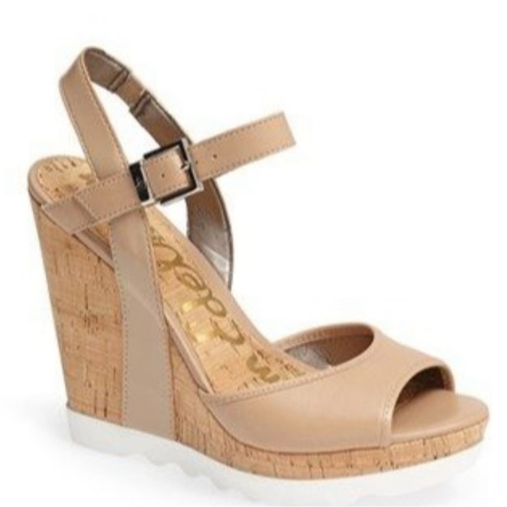 Sam Edelman Karina Nude‎ Leather cork heels platform side buckle sandals Sz 10